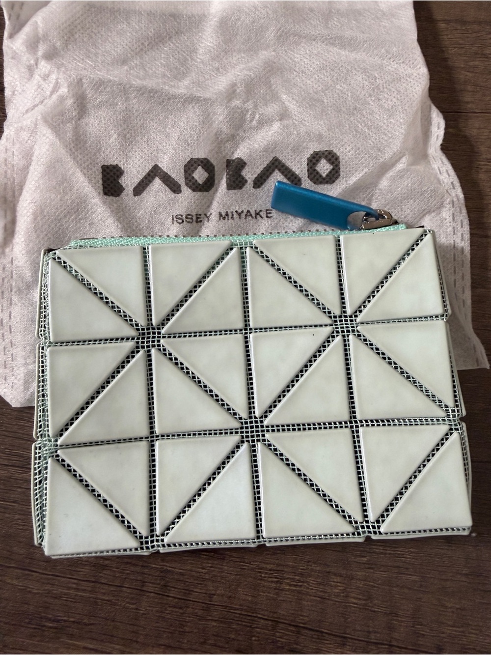 Issey Miyake Mint Geometric Zip Pouch with Blue Pull
